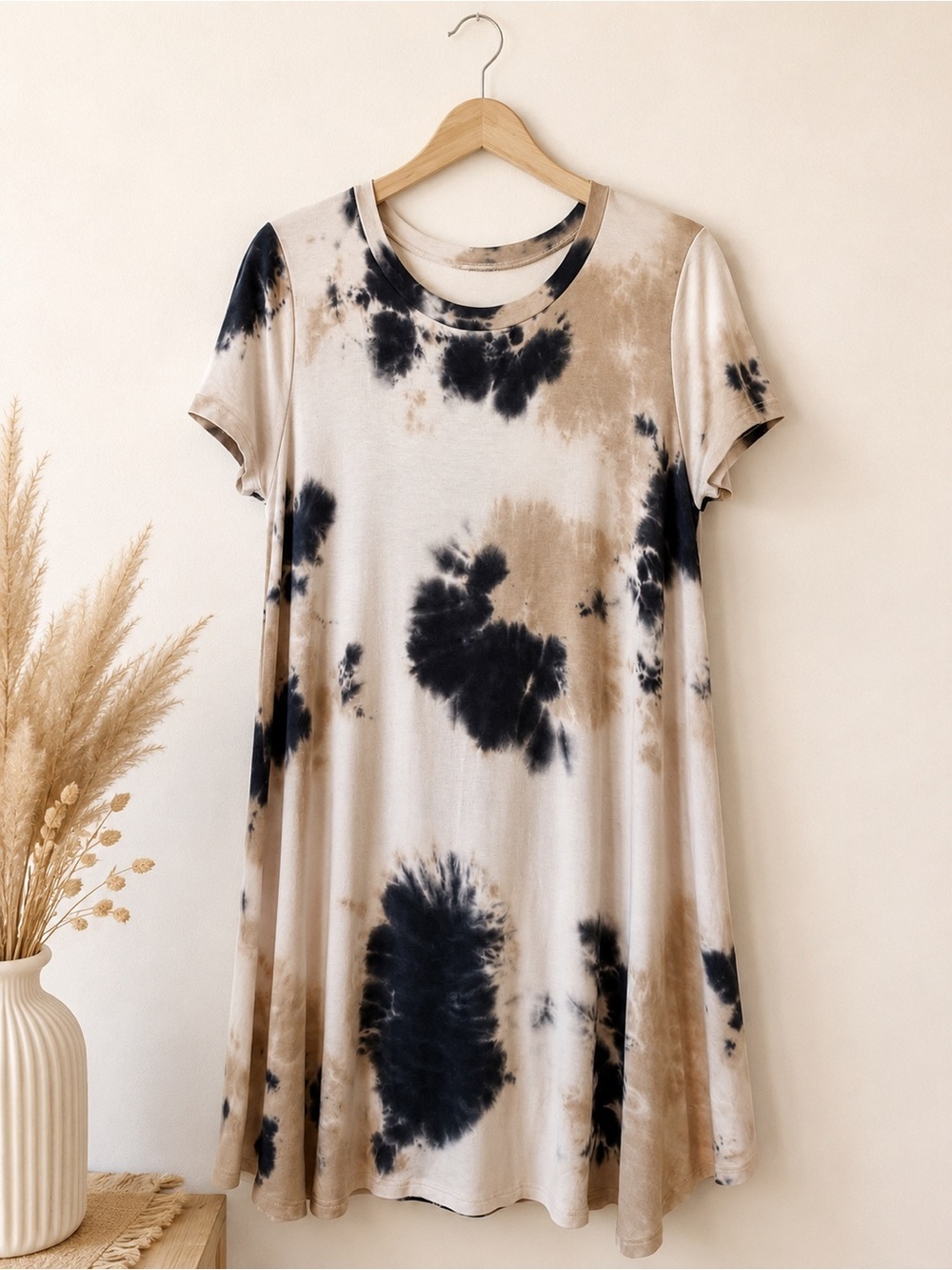 GINGER G | Tie-Dye Tee Dress in Cream, Taupe & Black